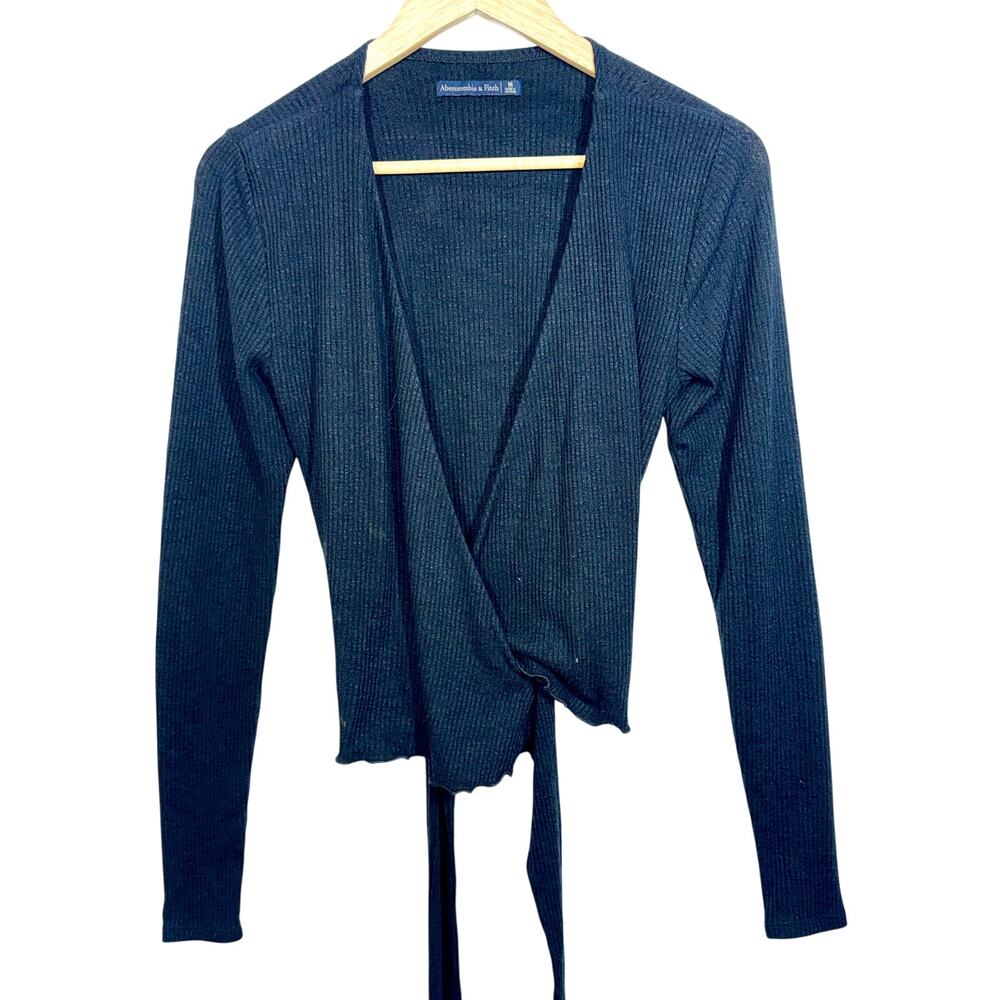 Abercrombie & Fitch Black Ribbed V-Neck Wrap Long Sleeve Sweater Top Womens Sz M